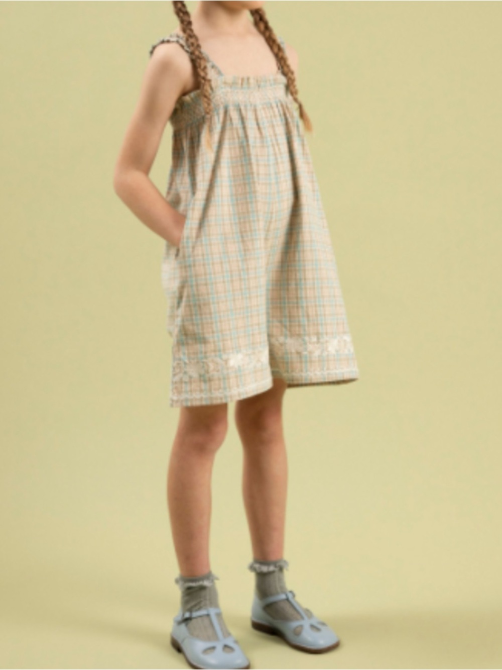 Apolina Adina shorts romper pastel check plaid with embroidery 3-5yr